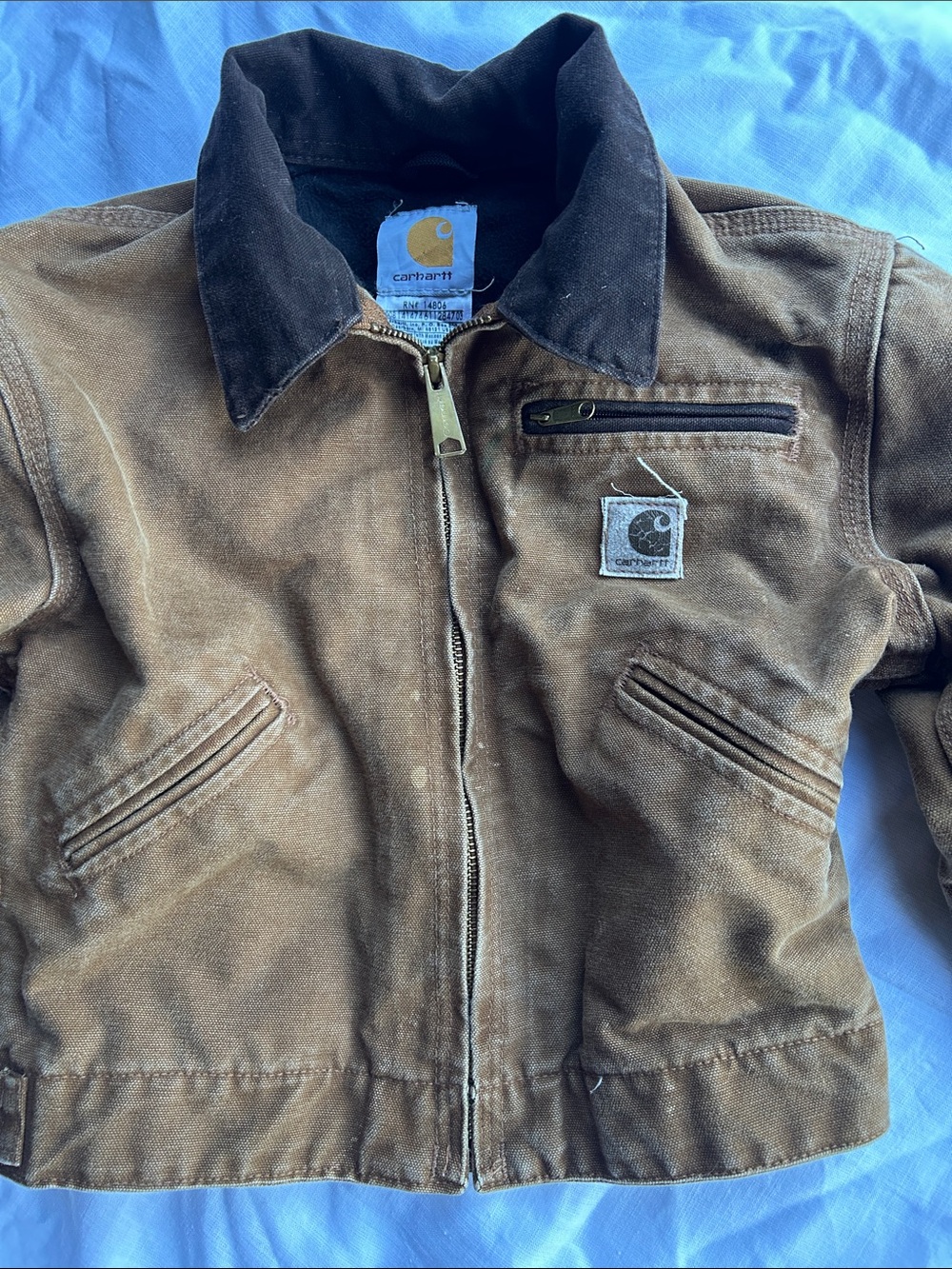 Vintage Carhartt Detroit Jacket Kids Brown Canvas with Cord Collar Chore